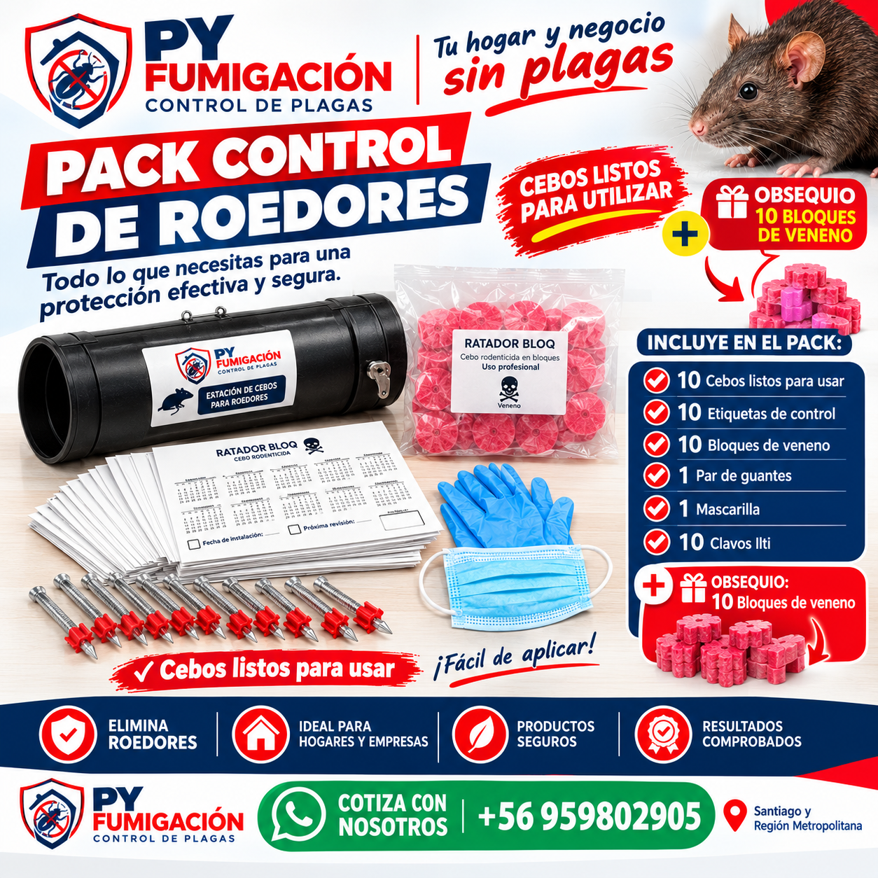 Kit Desratización: 10 Tubos Cebaderos + Veneno + Guantes + Mascarilla