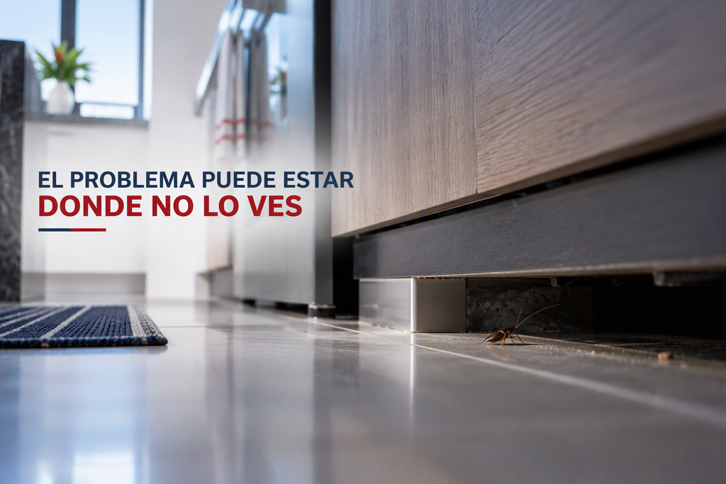 Las cucarachas pueden esconderse en lugares difíciles de detectar Cucaracha escondida cerca de una grieta debajo de un mueble de cocina